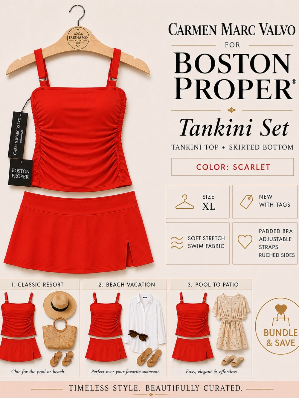 NWT Boston Proper Scarlet Tankini Set - Ruched Top & Skirted Bikini Bottom - XL